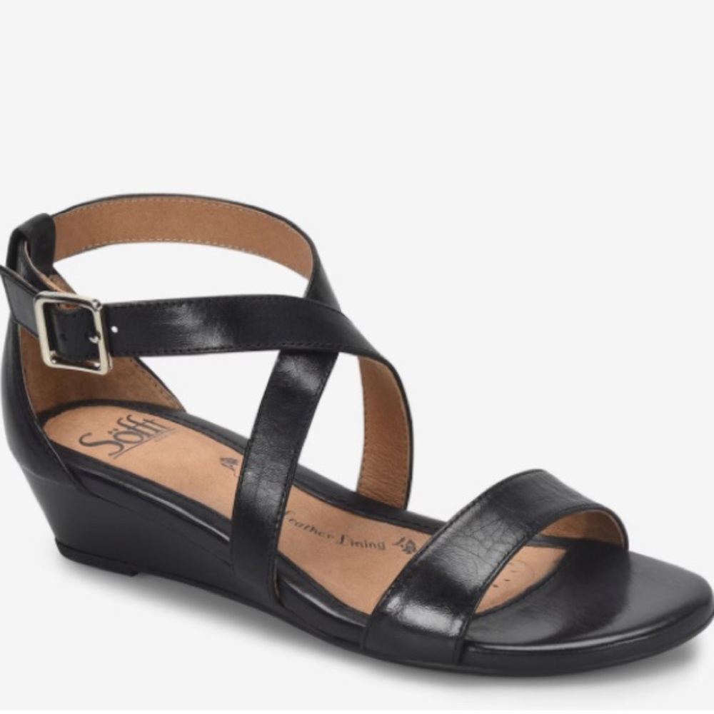 Sofft Black Leather Cross-Strap Wedge Sandals